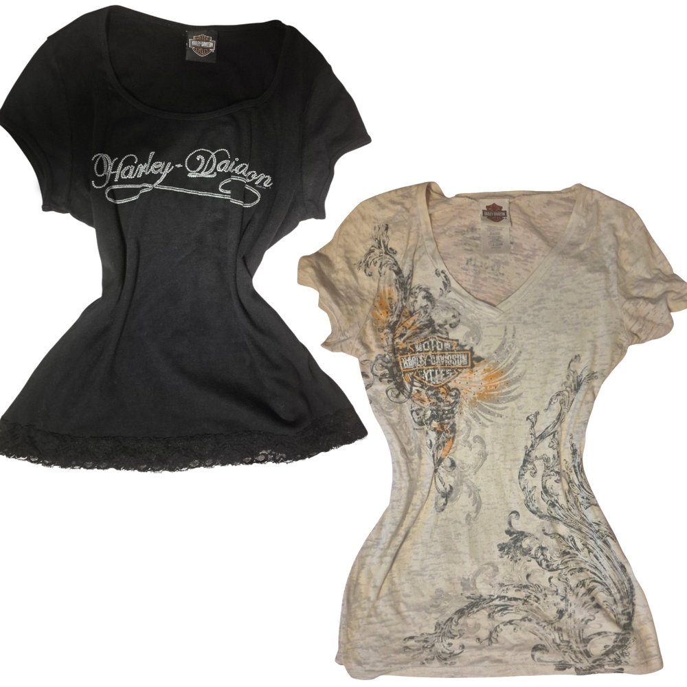 Harley-Davidson Women's Black Scoop Tee & Cream V-Neck Graphic Top